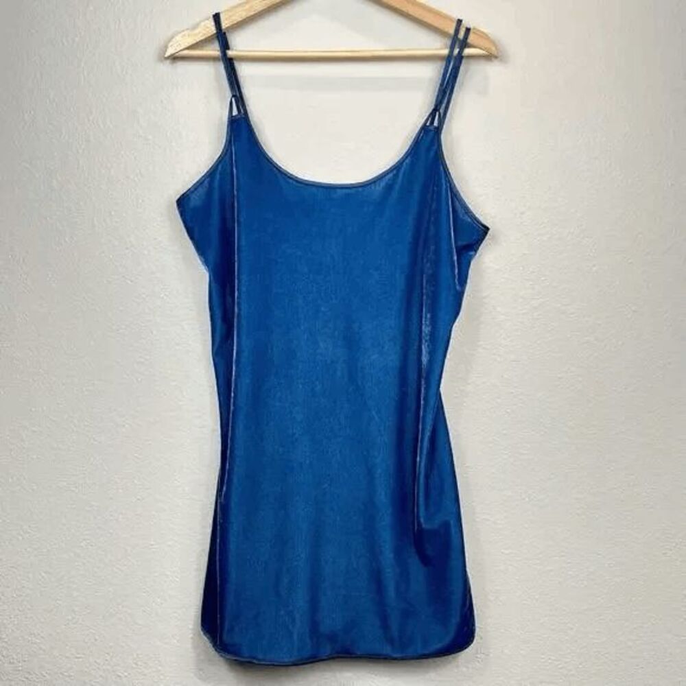 Vintage 90s Y2K Mini Slip Dress 6/7 Aqua Blue Liquid Velvet‎ Babydoll Fairy